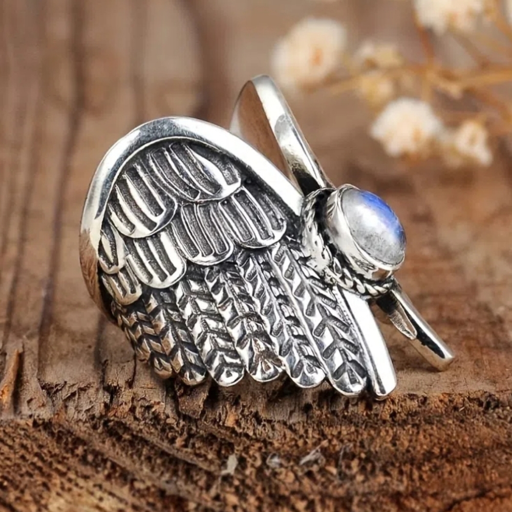 Angel Wings Moonstone Feather Ring Silver Plated Lab Created Gem Multiple Sizes - Picture 5 of 12